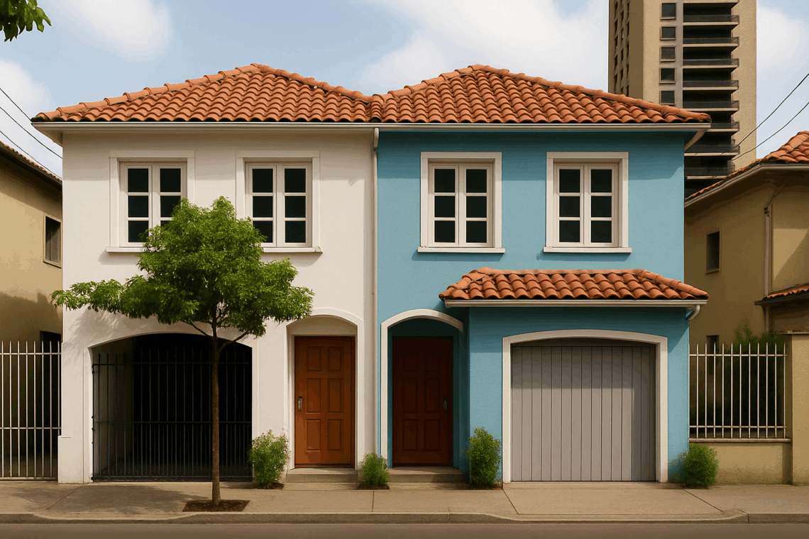 Duas casas geminadas com fachadas azul e branca, arquitetura simétrica e árvore na calçada.