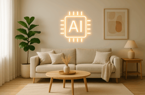 Sala de estar minimalista decorada com inteligência artificial; ícone luminoso em formato de chip 'AI' na parede.