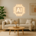 Sala de estar minimalista decorada com inteligência artificial; ícone luminoso em formato de chip 'AI' na parede.